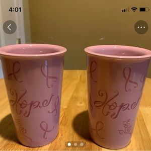 Two Pink Longaberger” Horizon of Hope “ Pottery Travel Coffee Mug